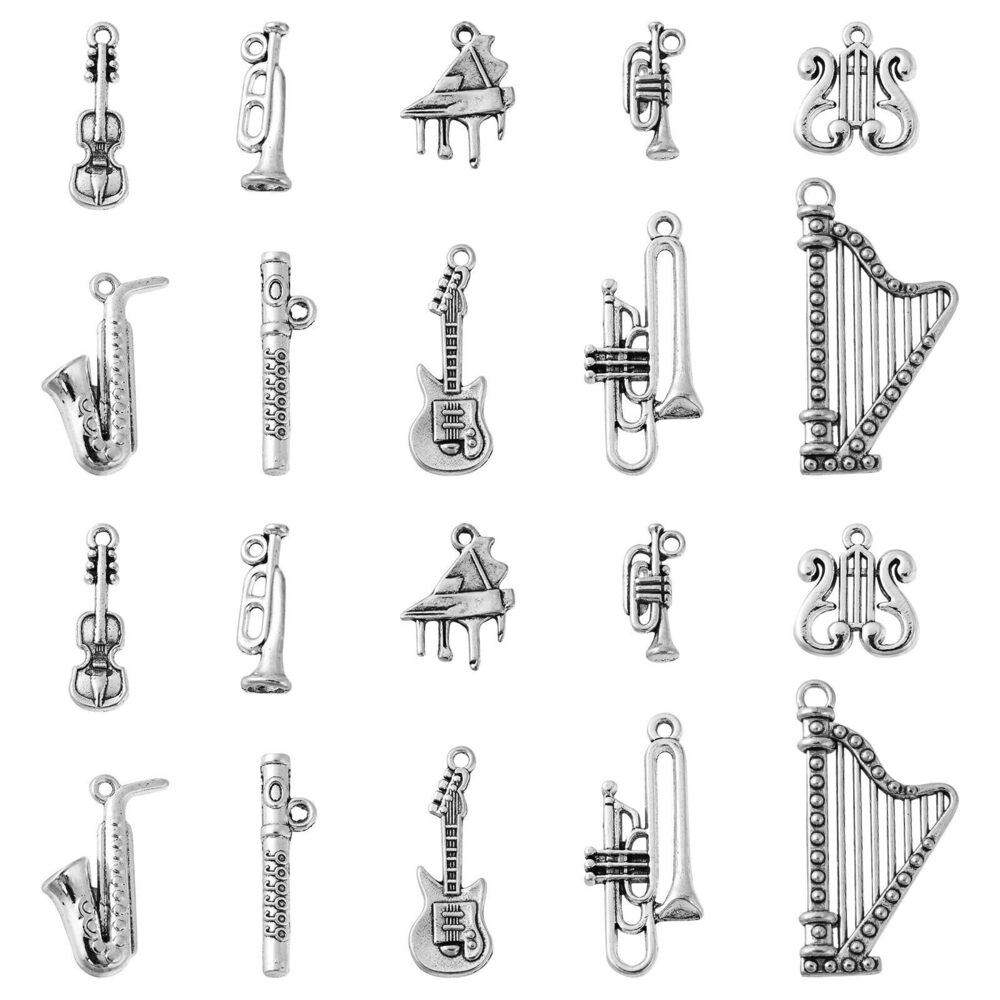 2374 100pcs Music Element Charms - Piano, Guitar, Harp, Drum Mixed Style